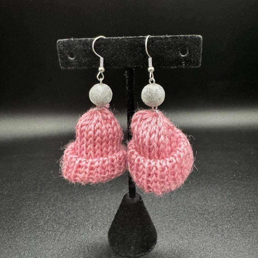 Hand knit Winter Hat Earrings in Maeve Pink and Grey PomPoms- Cute Earrings